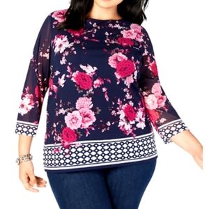 CHARTER CLUB New Navy Pink Floral Blouse 1X
